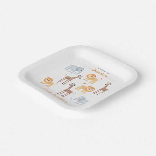 Safari dieren gepersonaliseerd 1e verjaardagsfeest papieren bordje (Gebogen)