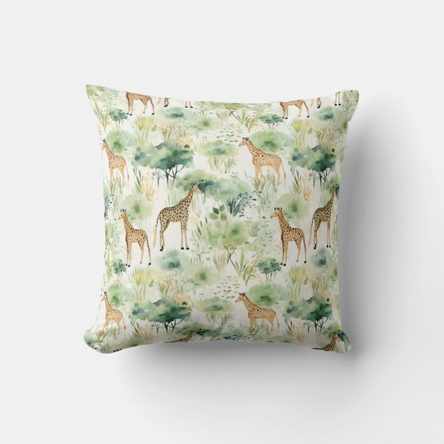 Safari Dieren - Giraffes Waterverf Groen Beige Kussen (Voorkant)
