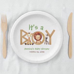 Safari Dieren Het is een Jongen Houten Baby Shower Papieren Bordje