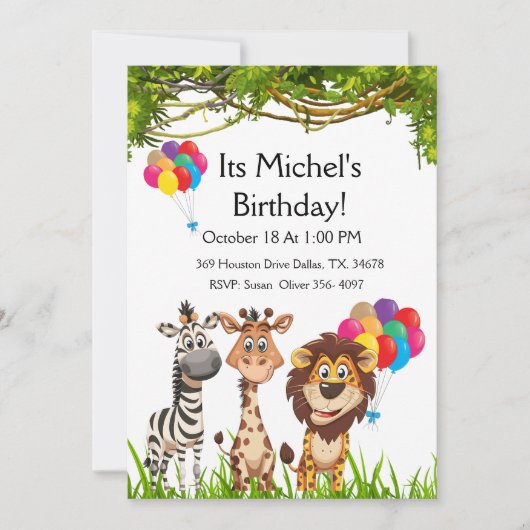 Safari Dieren In Bos Verjaardag Party Uitnodiging (Voorkant)