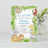 Safari dieren jongen 1 eerste verjaardag uitnodigi kaart (Staand voorkant)