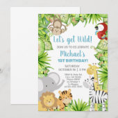 Safari dieren jongen 1 eerste verjaardag uitnodigi kaart (Voorkant / Achterkant)