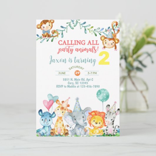 Safari dieren jongen 2e verjaardag uitnodiging inv (Staand voorkant)