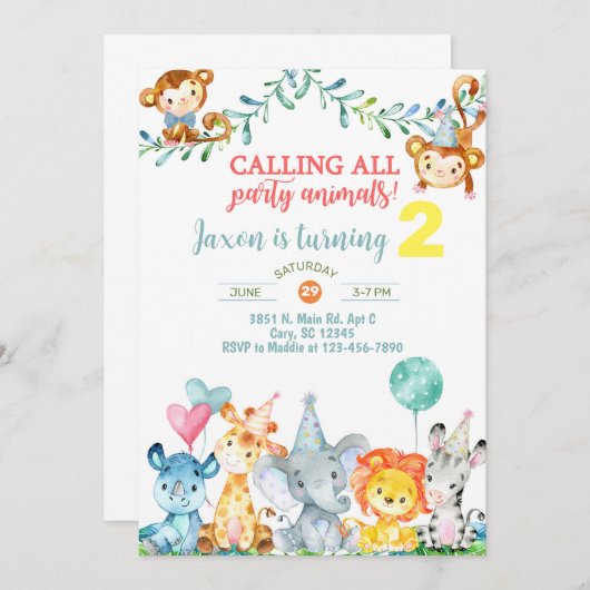 Safari dieren jongen 2e verjaardag uitnodiging inv (Voorkant / Achterkant)