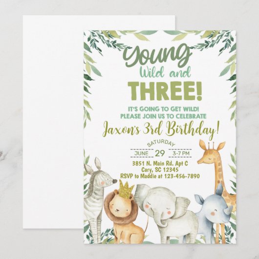 Safari dieren jongen 3e verjaardag uitnodiging. kaart (Voorkant / Achterkant)