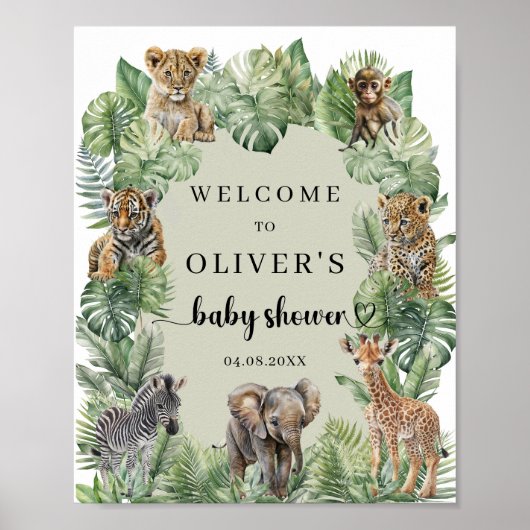 Safari Dieren Jongen Baby shower welkomstbord Poster (Voorkant)