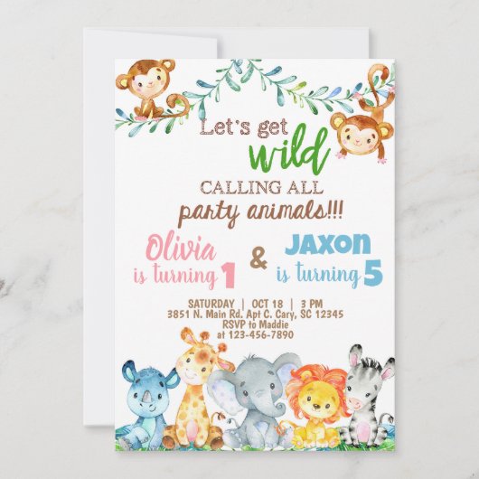 Safari dieren jongen & meisje broer en zus verjaar kaart (Voorkant)