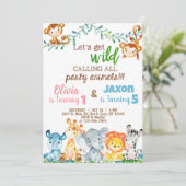 Safari dieren jongen & meisje broer en zus verjaar kaart (Staand voorkant)