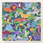 Safari Dieren, kleurrijk patroon, Glazen Onderzetter (Voorkant)