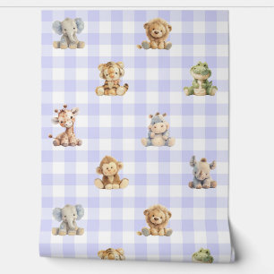 Safari Dieren Lavendel Plaid Baby Girl Nursery Behang