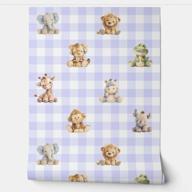 Safari Dieren Lavendel Plaid Baby Girl Nursery Behang (Afrollen)