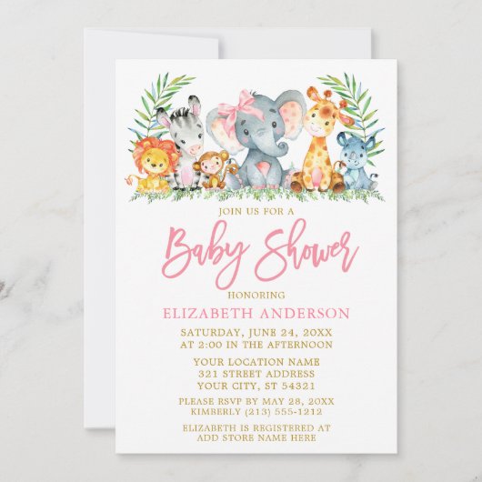 Safari-dieren met penseelscript roze Baby shower Kaart (Voorkant)