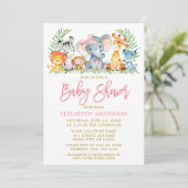 Safari-dieren met penseelscript roze Baby shower Kaart (Staand voorkant)