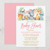 Safari-dieren met penseelscript roze Baby shower Kaart (Voorkant / Achterkant)