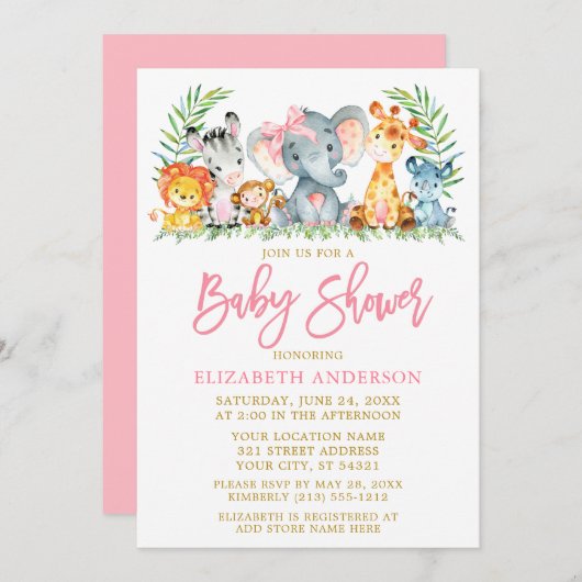 Safari-dieren met penseelscript roze Baby shower Kaart (Voorkant / Achterkant)