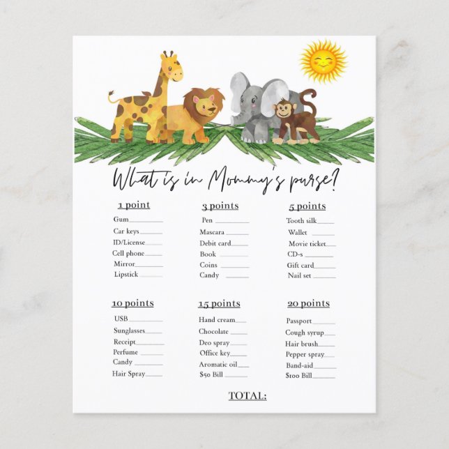 Safari Dieren Mummy's Tasje Baby Shower Spel (Voorkant)