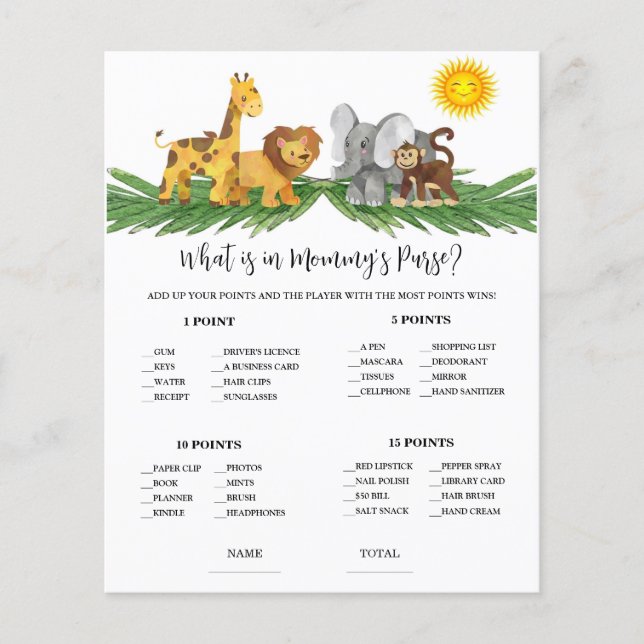 Safari Dieren Mummytas Baby Shower Spel (Voorkant)