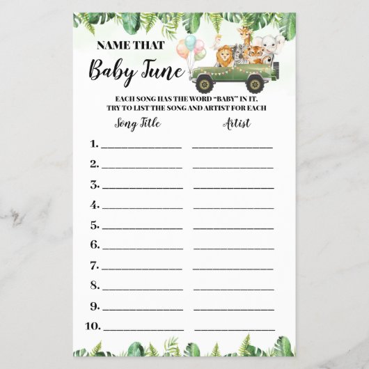 Safari Dieren Naam Baby Tune Shower Game-kaart Flyer (Voorkant)