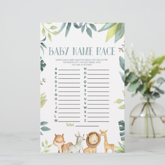 Safari Dieren Naam Race Baby shower Spelactiviteit Briefpapier (Staand voorkant)