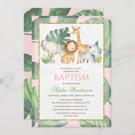 Safari Dieren Oerwoud Dieren Doop Uitnodiging (Voorkant / Achterkant)