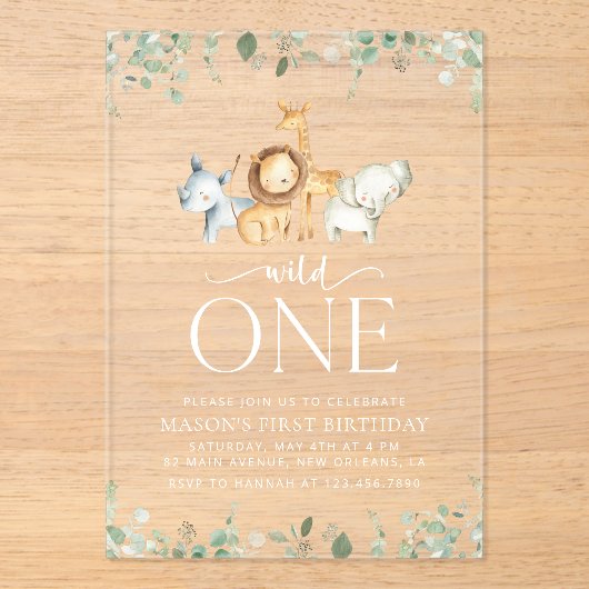 Safari Dieren, Oerwoud, Wilde, Eerste Verjaardag Acryl Uitnodigingen (Voorkant)