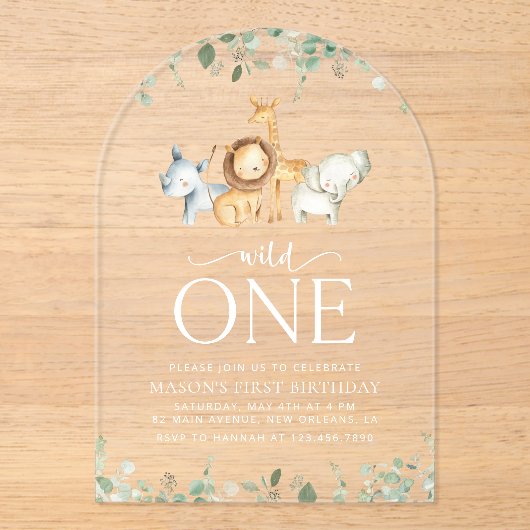 Safari Dieren, Oerwoud, Wilde, Eerste Verjaardag Acryl Uitnodigingen (Voorkant)