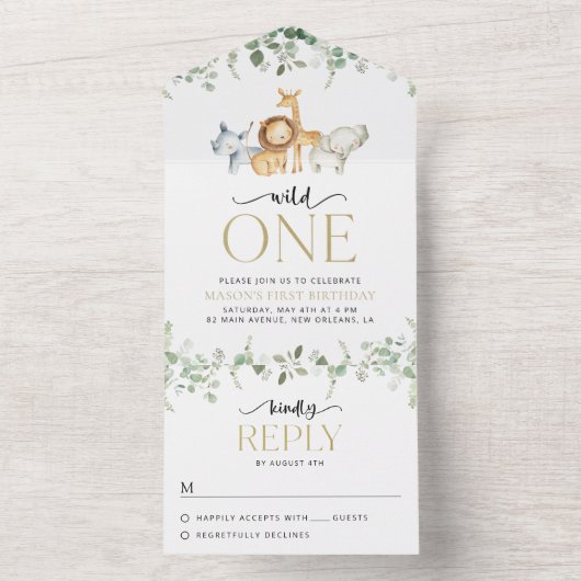 Safari Dieren, Oerwoud, Wilde, Eerste Verjaardag All In One Uitnodiging (Binnen)