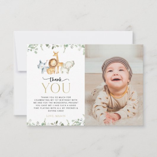 Safari Dieren, Oerwoud, Wilde, Eerste Verjaardag Bedankkaart (Voorkant)
