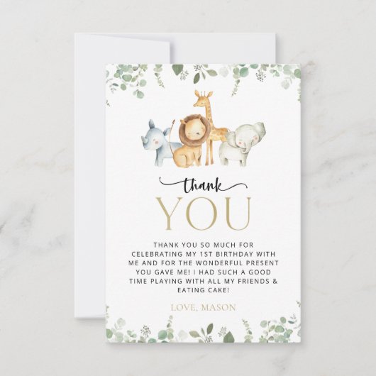 Safari Dieren, Oerwoud, Wilde, Eerste Verjaardag Bedankkaart (Voorkant)