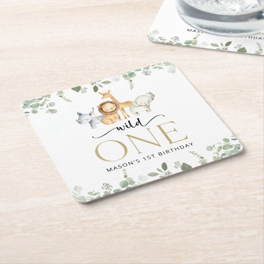 Safari Dieren, Oerwoud, Wilde, Eerste Verjaardag Kartonnen Onderzetters (Schuin)