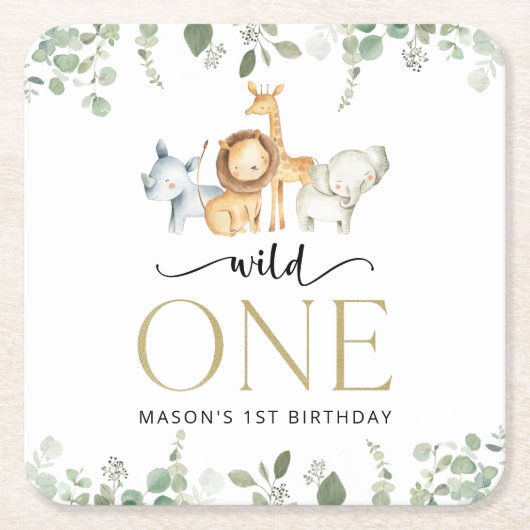 Safari Dieren, Oerwoud, Wilde, Eerste Verjaardag Kartonnen Onderzetters (Voorkant)
