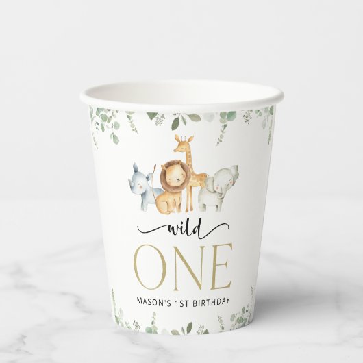 Safari Dieren, Oerwoud, Wilde, Eerste Verjaardag Papieren Bekers (Achterkant)