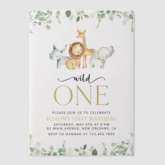 Safari Dieren, Oerwoud, Wilde, Eerste Verjaardag Vellum Uitnodigingen (Voorkant)