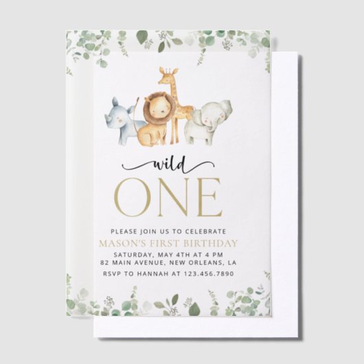 Safari Dieren, Oerwoud, Wilde, Eerste Verjaardag Vellum Uitnodigingen (Offset)