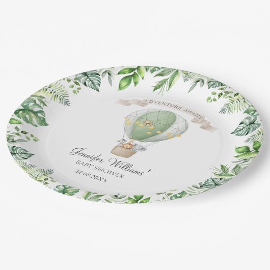 Safari dieren op Hete luchtballon babyboy douche Papieren Bordje (Gekanteld)