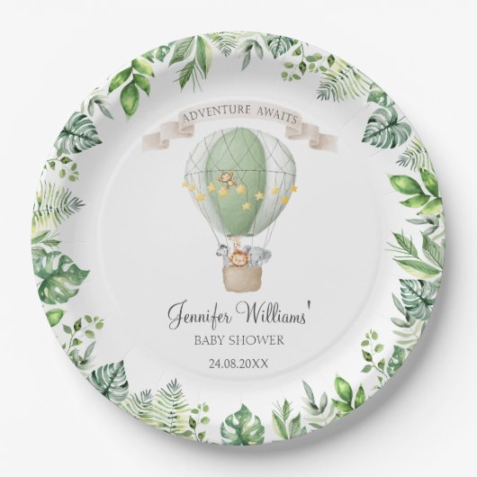 Safari dieren op Hete luchtballon babyboy douche Papieren Bordje (Voorkant)