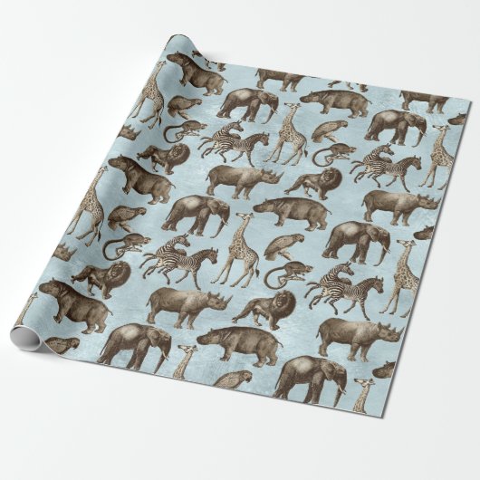 Safari Dieren op lichtblauw Cadeaupapier (Uitgerold)