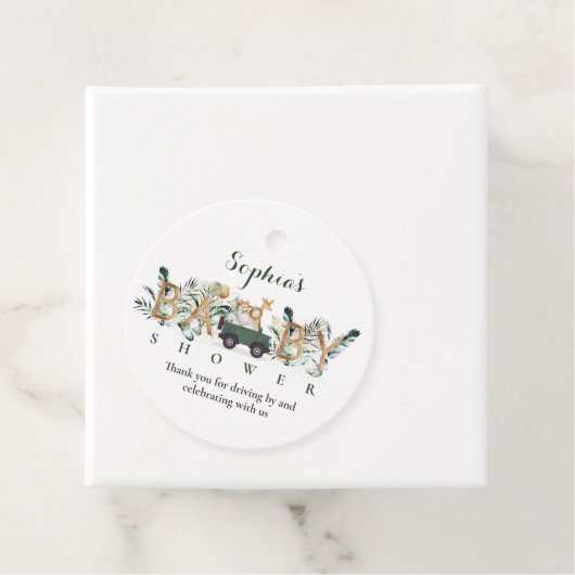 Safari Dieren rijden door Baby shower Greenery Gol Bedankjes Labels (In situ)