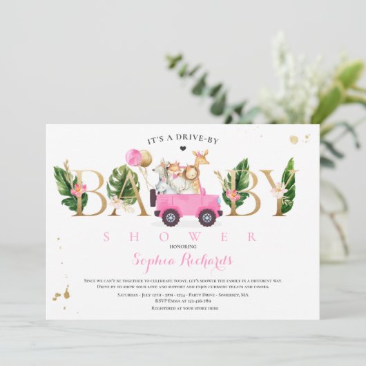 Safari Dieren rijden door Baby shower Greenery Gol Kaart (Staand voorkant)