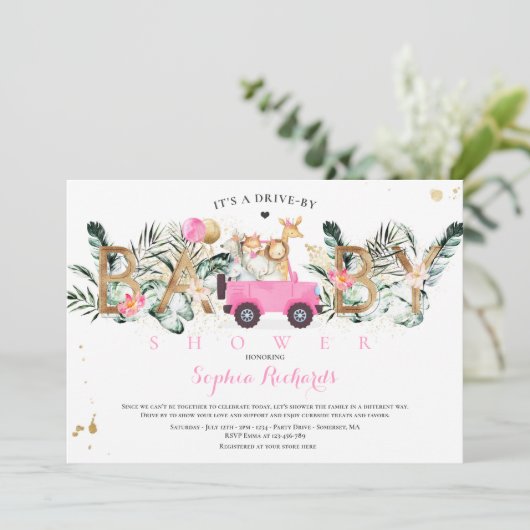 Safari Dieren rijden door Baby shower Greenery Gol Kaart (Staand voorkant)