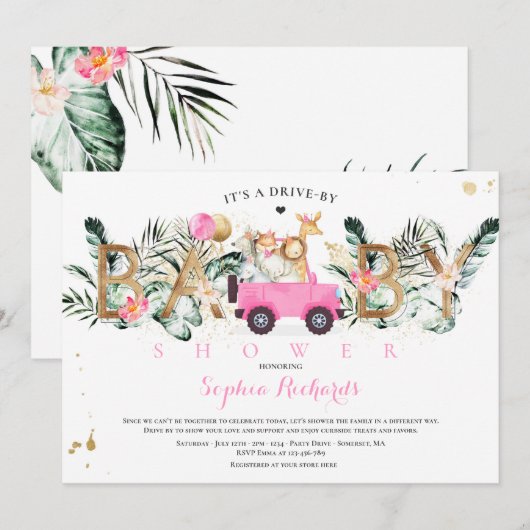 Safari Dieren rijden door Baby shower Greenery Gol Kaart (Voorkant / Achterkant)