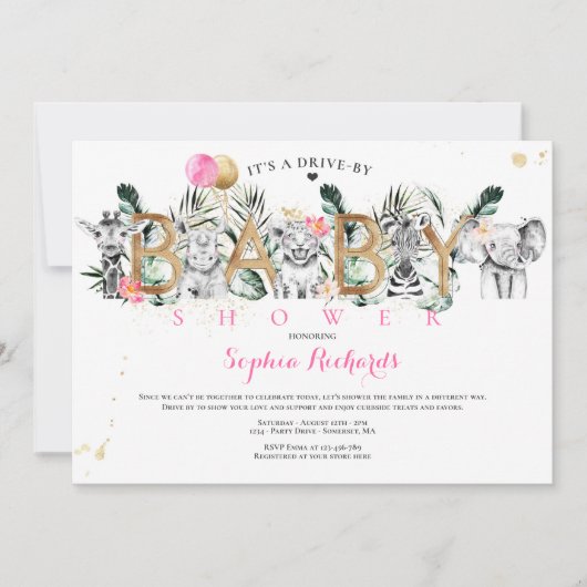 Safari Dieren rijden door Baby shower Greenery Gol Kaart (Voorkant)