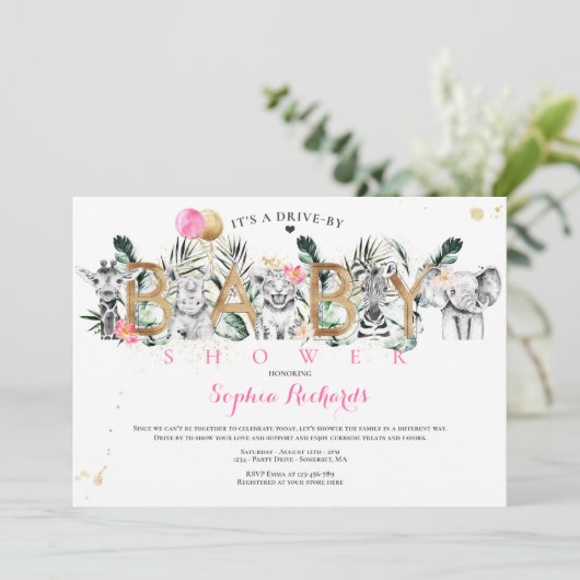 Safari Dieren rijden door Baby shower Greenery Gol Kaart (Staand voorkant)