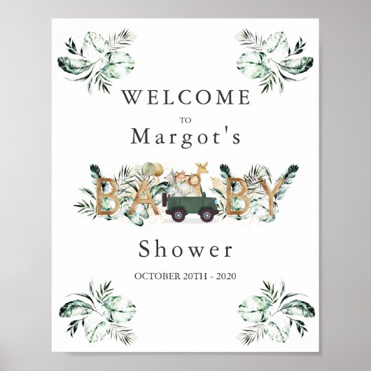 Safari Dieren rijden door Baby shower Greenery Gol Poster (Voorkant)
