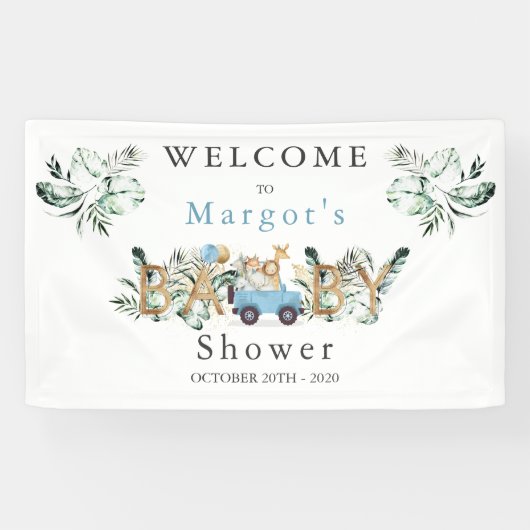 Safari Dieren rijden door Baby shower Greenery Gol Spandoek (Horizontaal)