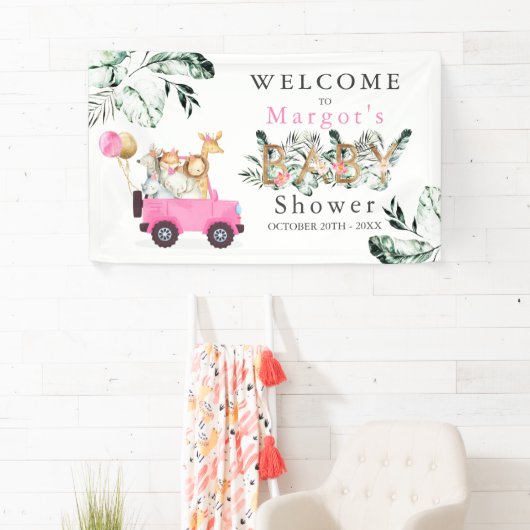 Safari Dieren rijden door Baby shower Greenery Gol Spandoek (Insitu)