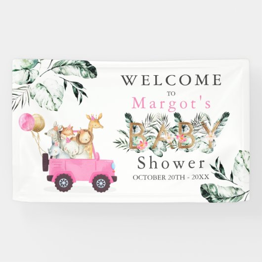 Safari Dieren rijden door Baby shower Greenery Gol Spandoek (Horizontaal)