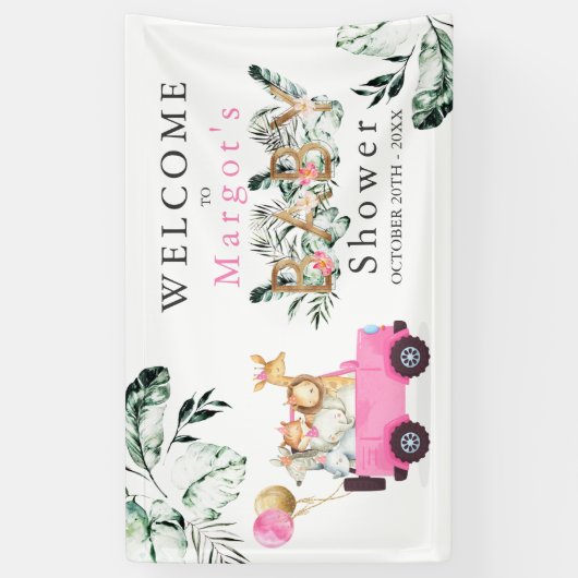 Safari Dieren rijden door Baby shower Greenery Gol Spandoek (Verticaal)