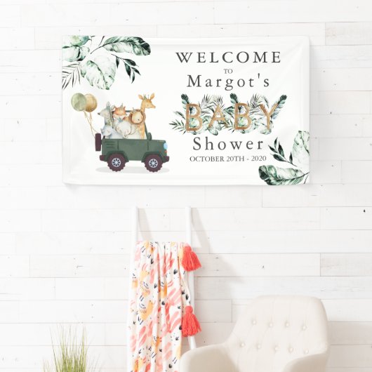 Safari Dieren rijden door Baby shower Greenery Gol Spandoek (Insitu)