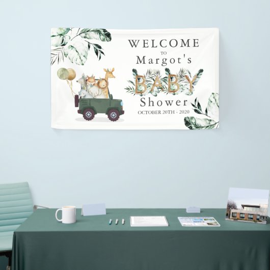Safari Dieren rijden door Baby shower Greenery Gol Spandoek (Beurs)